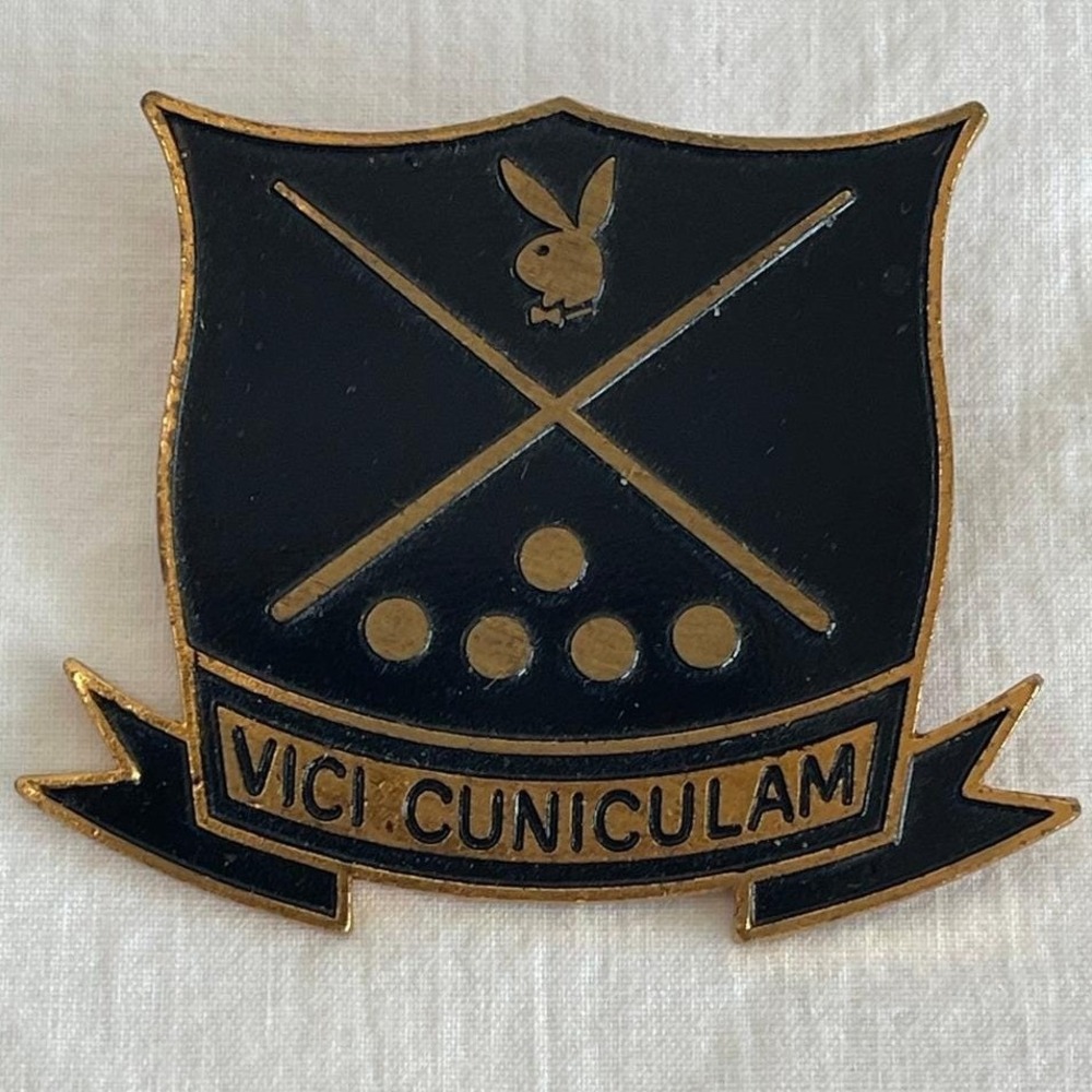 Vintage Playboy Vici Cuniculam Crest Pin Black Gold Billiards Bunny Logo Badge